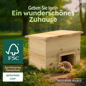 Winterfestes Igelhaus aus Holz mit Igel davor, geeignet zur Überwinterung und als Futterstelle.