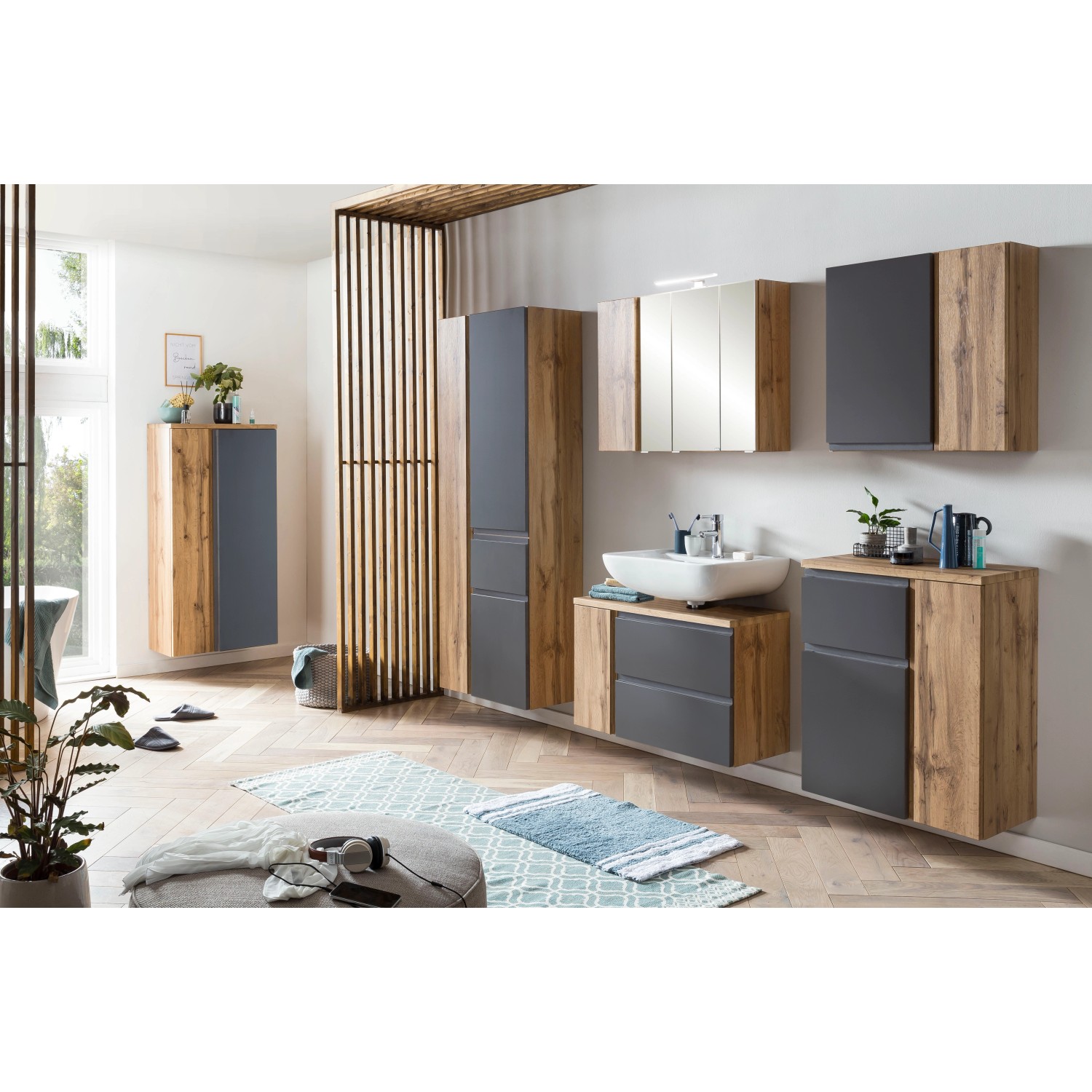 Held Möbel Hängeschrank Ancona, 65 cm, matt Grau-Wotaneiche, Teil eines Badmöbel-Sets.