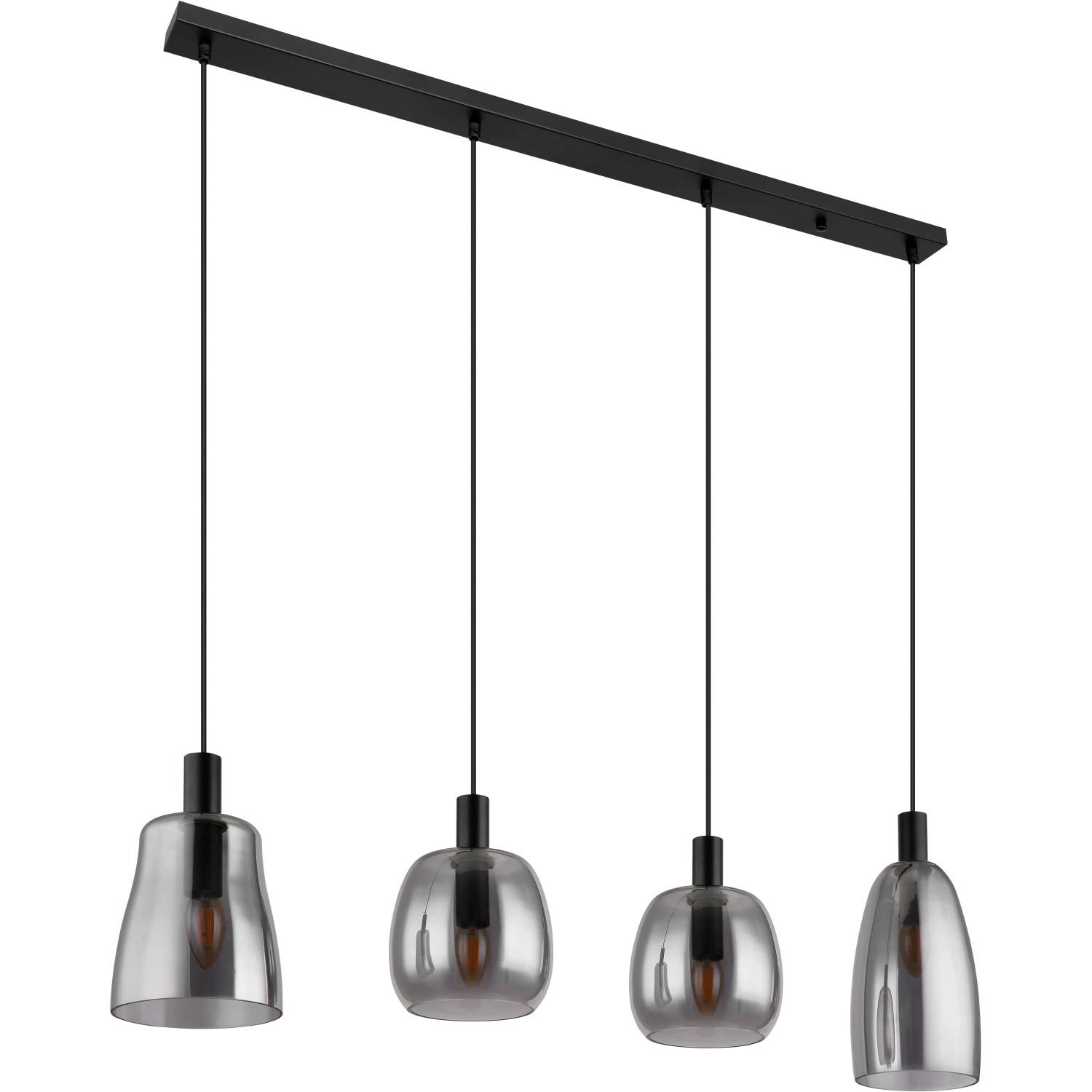 Schwarze, 4-flammige Globo Pendelleuchte mit rauchfarbenen Glasschirmen in verschiedenen Formen.