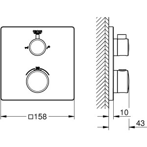 Technische Zeichnung: Grohe Grohtherm Thermostat-Wannenbatterie mit 2-Wege-Umstellung, Maße und Details.