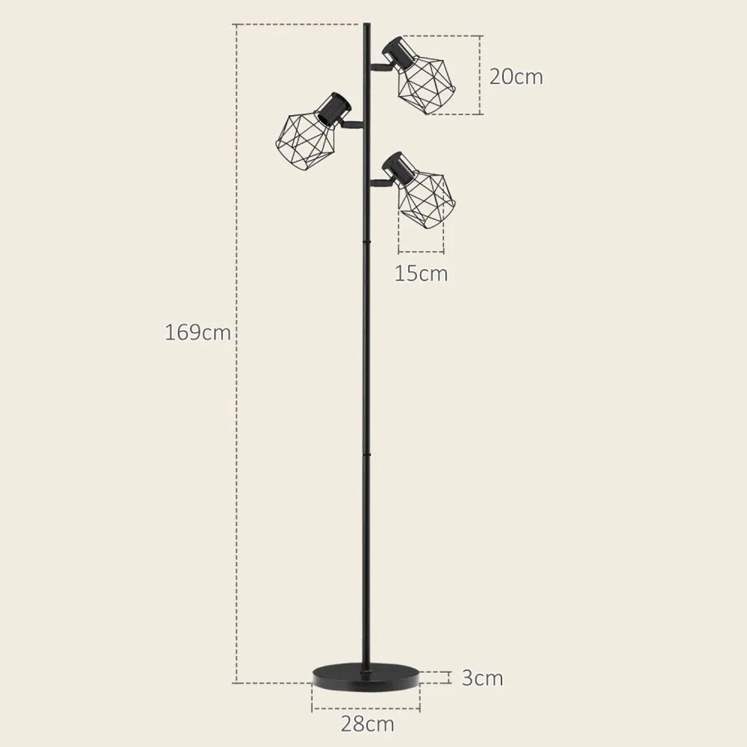 HOMCOM Stehlampe schwarz aus Metall mit 3 verstellbaren E27 Leuchten und geometrischen Schirmen, 169cm hoch.