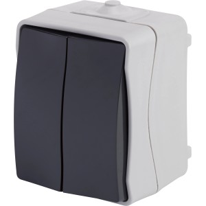 Grauer Feuchtraum Serienschalter IP54 für Aufputzmontage im Innen- und Außenbereich.