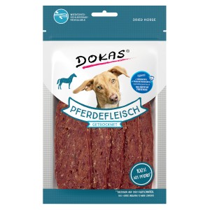Dokas Hunde-Belohnungssnacks Pferdefleisch, getrocknet, 60g Packung.