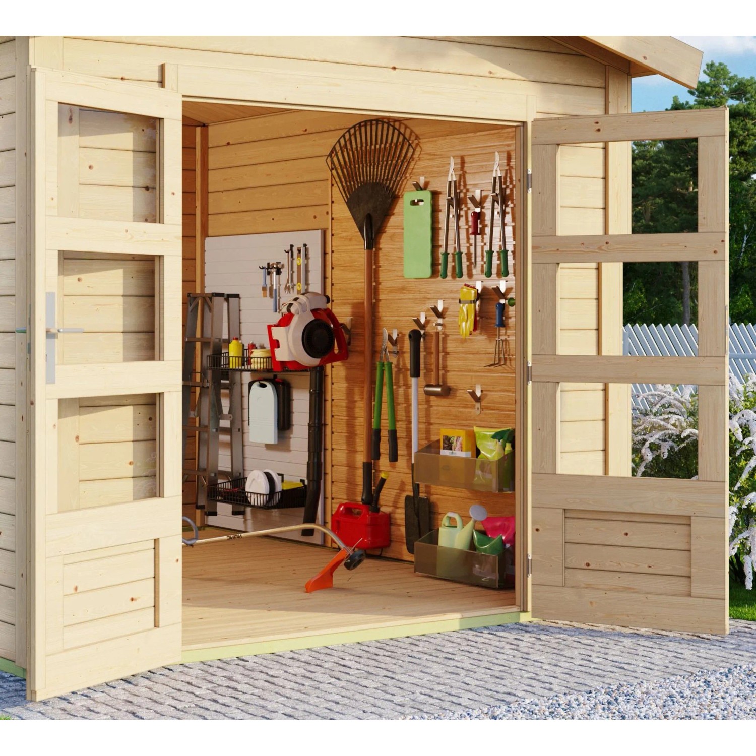 Offenes Karibu Holz-Gartenhaus Timra mit Satteldach und Gartengeräten.