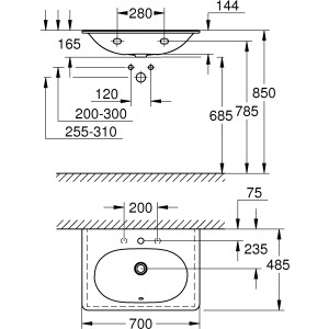 Technische Zeichnung: Grohe Essence Waschtisch 70 cm, Maße und Details für Installation.