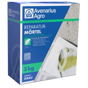 Verpackung Reparaturmörtel 5 kg, geeignet für Innen- und Außenbereich zur Ausbesserung von Putzstellen.