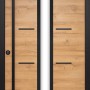 Moderne Splendoor Haustür ThermoSpace Milano Prime in Eiche Natur mit Glaseinsatz und schwarzem Rahmen.