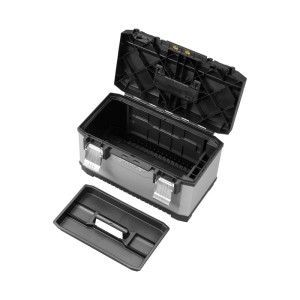 Offene STANLEY FATMAX Werkzeugbox Metall-Kunststoff, grau-schwarz, mit herausnehmbarer Trage. Geräumiger Werkzeugkoffer.