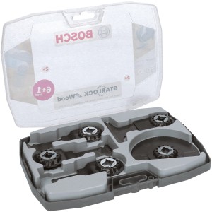 Bosch Starlock Holzmesser-Set, 7-teilig, in grauer Aufbewahrungsbox.