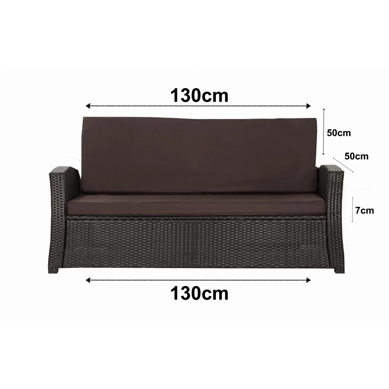 Braunes Gartenkissen-Set für 2-Sitzer Polyrattan-Gartensofa, 130x50 cm, bequeme Sitzauflage.