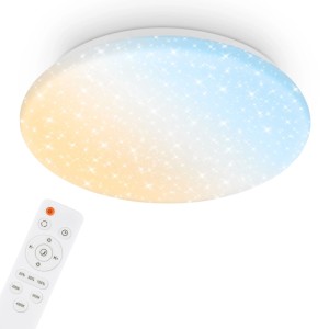 Weiße, runde LED-Deckenleuchte mit Sternenhimmel-Effekt, dimmbar. Fernbedienung zeigt Farbtemperatur-Einstellung.