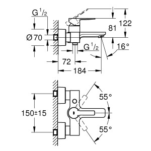 Technische Zeichnung: Grohe Lineare Wannenarmatur in Chrom mit Maßangaben.