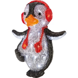 Mehrfarbiger Acryl-Pinguin mit LED-Beleuchtung als winterliche Außendekoration.