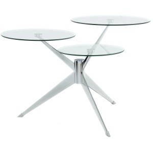 Moderner Kayoom Beistelltisch Triplet mit drei Glasplatten und silbernem Metallgestell, 75x60x46 cm.