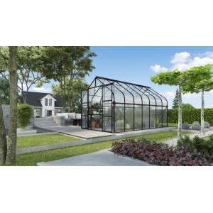Schwarzes Vitavia Gewächshaus Diana 11500 (11,5 m²) mit Fundament im Garten.