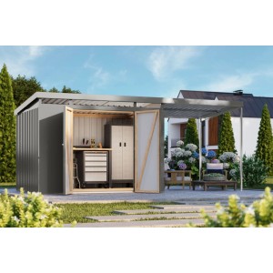 Karibu Metallgerätehaus Neos 3 mit Anbaudach, graualuminium, offene Doppeltür, Werkbank und Schrank im Inneren.