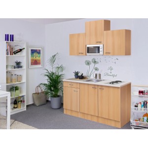 Flex-Well Singleküche Nano 150 cm in Buche Nachbildung mit Kochfeld, Spüle und Mikrowelle.