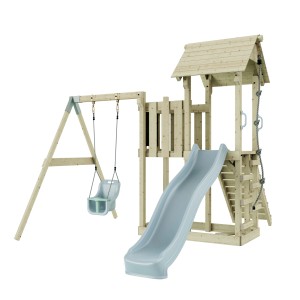 PolarPlay Babyschaukel Bergen eisblau mit Rutsche und Kletterturm aus Holz.