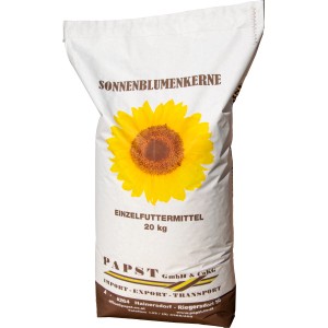 Sack Papst Sonnenblumenkerne, ungeschält, 20 kg, Wildvogelfutter mit Sonnenblume aufgedruckt.
