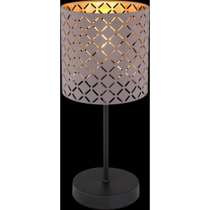 Globo Design-Tischlampe Cindy, schwarz-matt, mit grauem Textilschirm und Dekorstanzungen.