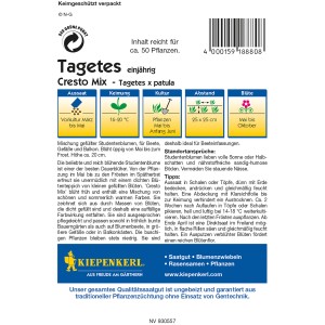 Kiepenkerl Studentenblume Cresto-Mix Samenpackung mit bunten Tagetes Blüten.
