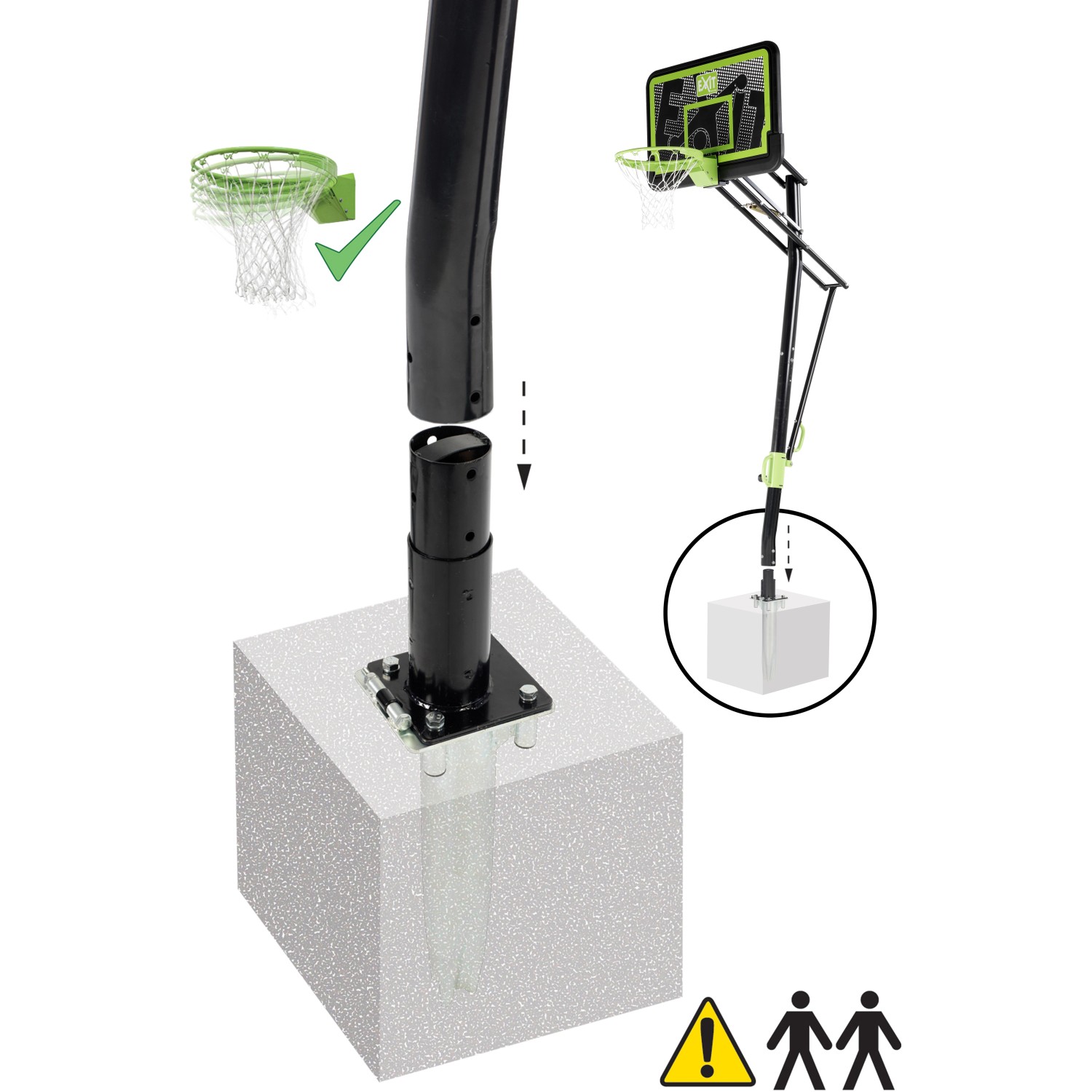 Montage des schwarzen EXIT Galaxy Basketballkorbs mit Dunkring zur Bodenmontage.