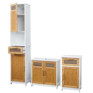 MCW Badmöbel-Set A85: Hochschrank, Waschbeckenunterschrank und Kommode aus MDF und Bambus.