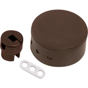 Braunes Verteilerbaldachin-Set (Ø 70mm) für Lampeninstallation mit Zugentlastung und Schrauben.