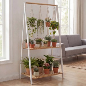 MCW Bambus Pflanzenregal mit 2 Ablagen und Stange für Hängepflanzen, Natur-Weiß, 130x70x44cm