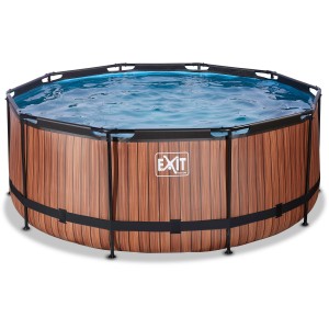 EXIT Wood Pool Ø360cm, brauner Stahlrahmen Pool mit Holzoptik und Sandfilterpumpe.