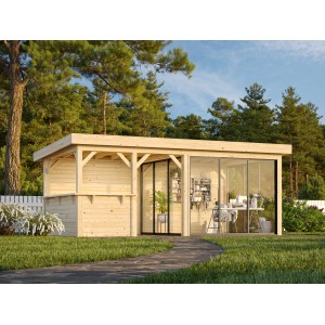 Palmako Pavillon Lenna Set 408, 588x300 cm, weiß lackiert, mit Schiebetüren und Tresen.