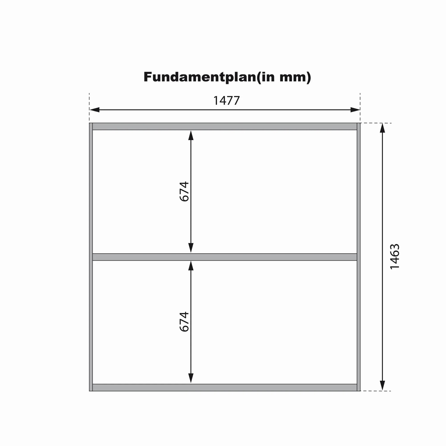 Fundamentplan der Karibu Fasssauna Quadro 1 mit Maßangaben in mm.