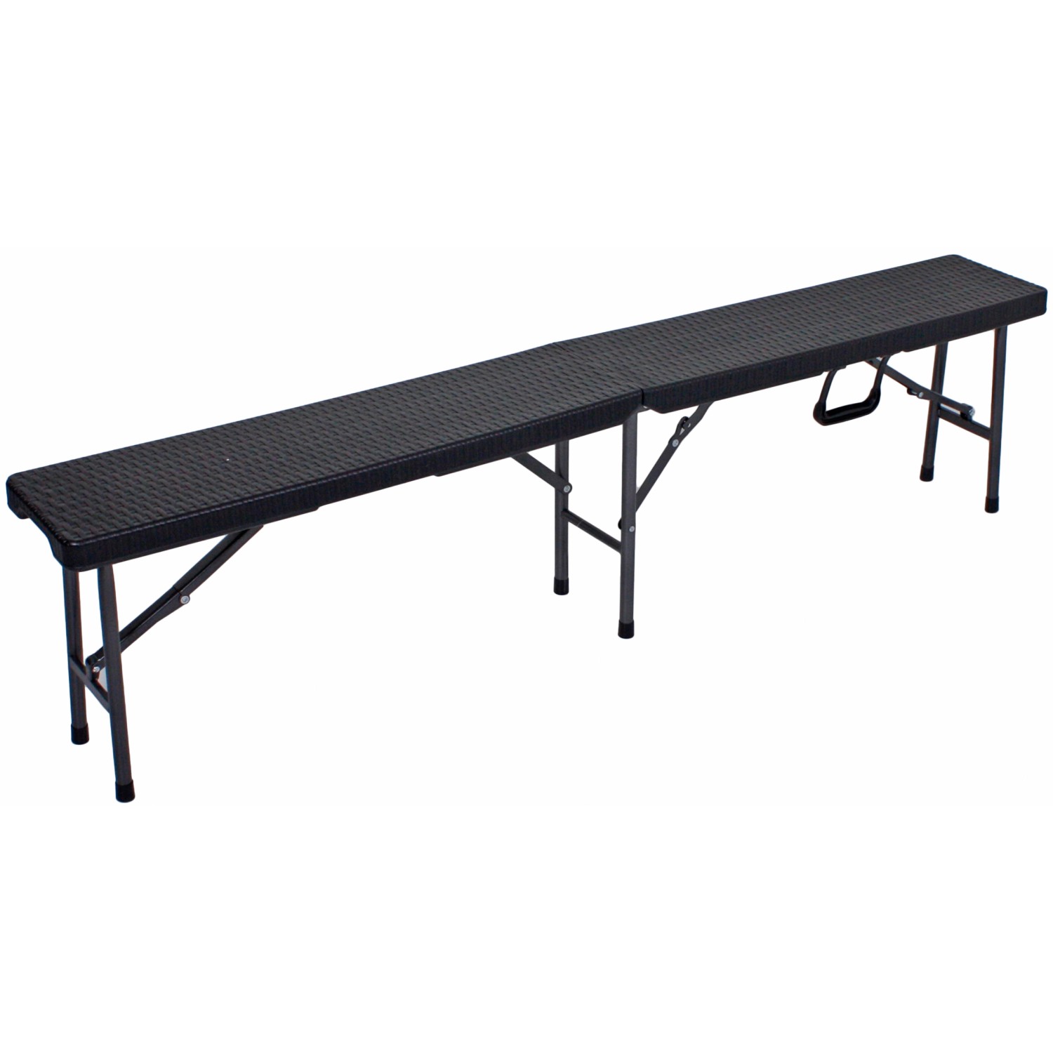 Schwarze Bank aus dem 3-teiligen Balkonmöbel Tisch-Set Ventana mit Rattanoptik und klappbarem Stahlgestell.