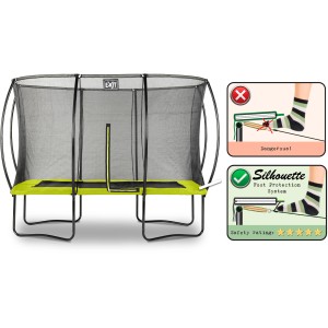 Grünes EXIT Silhouette Gartentrampolin 214x305cm mit Sicherheitsnetz und Fußschutzsystem.