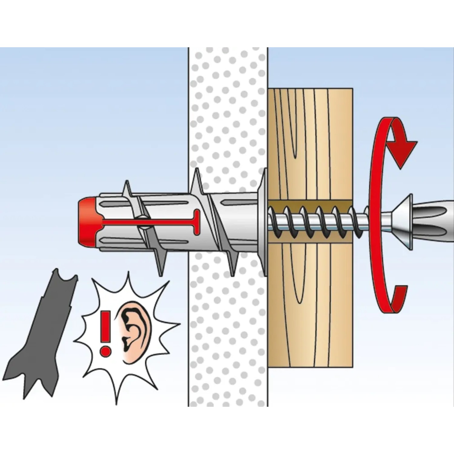 Illustration: Fischer Duoblade Gipskartondübel in Anwendung mit Schraube in Wand und Holz.