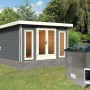 Karibu Saunahaus Magnus 3 Set A terragrau mit Ofen und externer Steuerung.