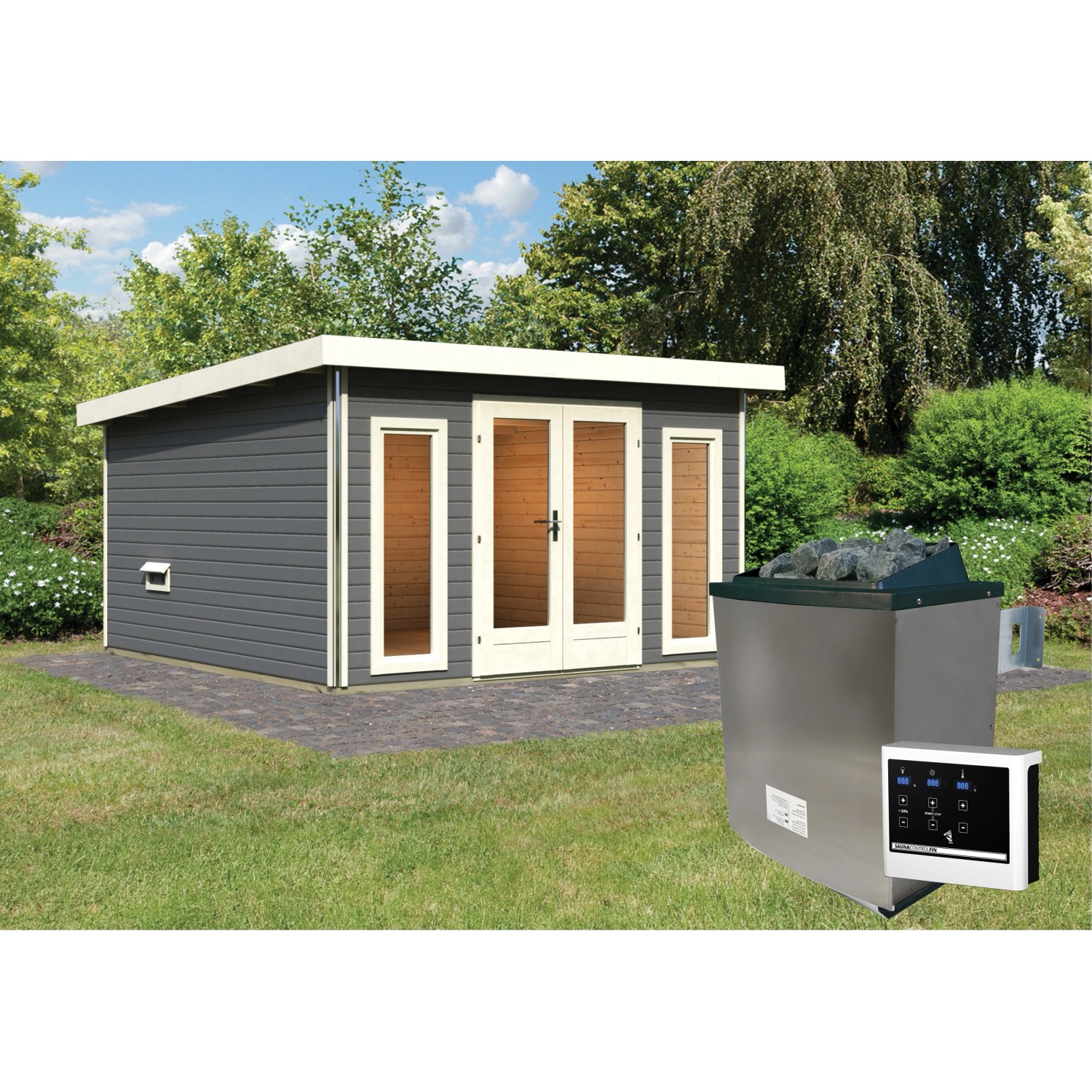 Karibu Saunahaus Magnus 3 Set A terragrau mit Ofen und externer Steuerung.