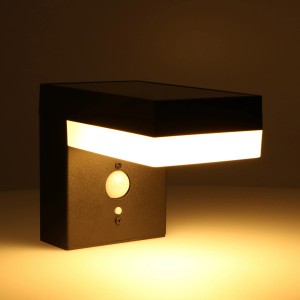 Schwarze Solar-Wandleuchte mit Sensor, 600 lm, warmweißes Licht für den Außenbereich.