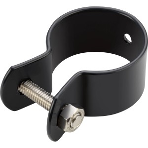 Anthrazitfarbene Strebenschelle (Ø 34 mm) zur Zaunstreben-Befestigung am Zaunpfahl.