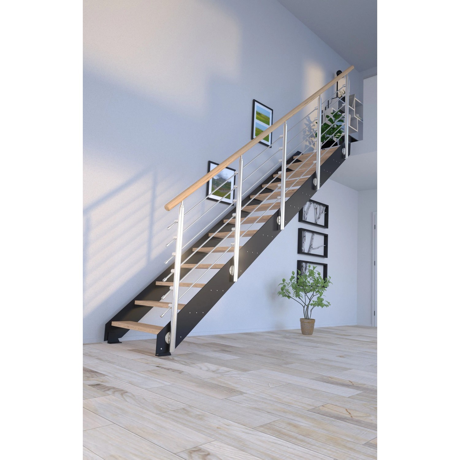 Treppe Kos 14 Stufen Eiche Rustik Natur 107 cm Design-Geländer Schwarz FSC®_9