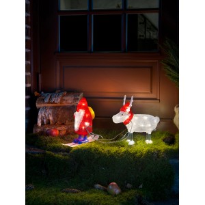 Leuchtender Acryl Weihnachtsmann mit Rentier (40 Dioden, warmweiß) als Weihnachtsdeko für außen.