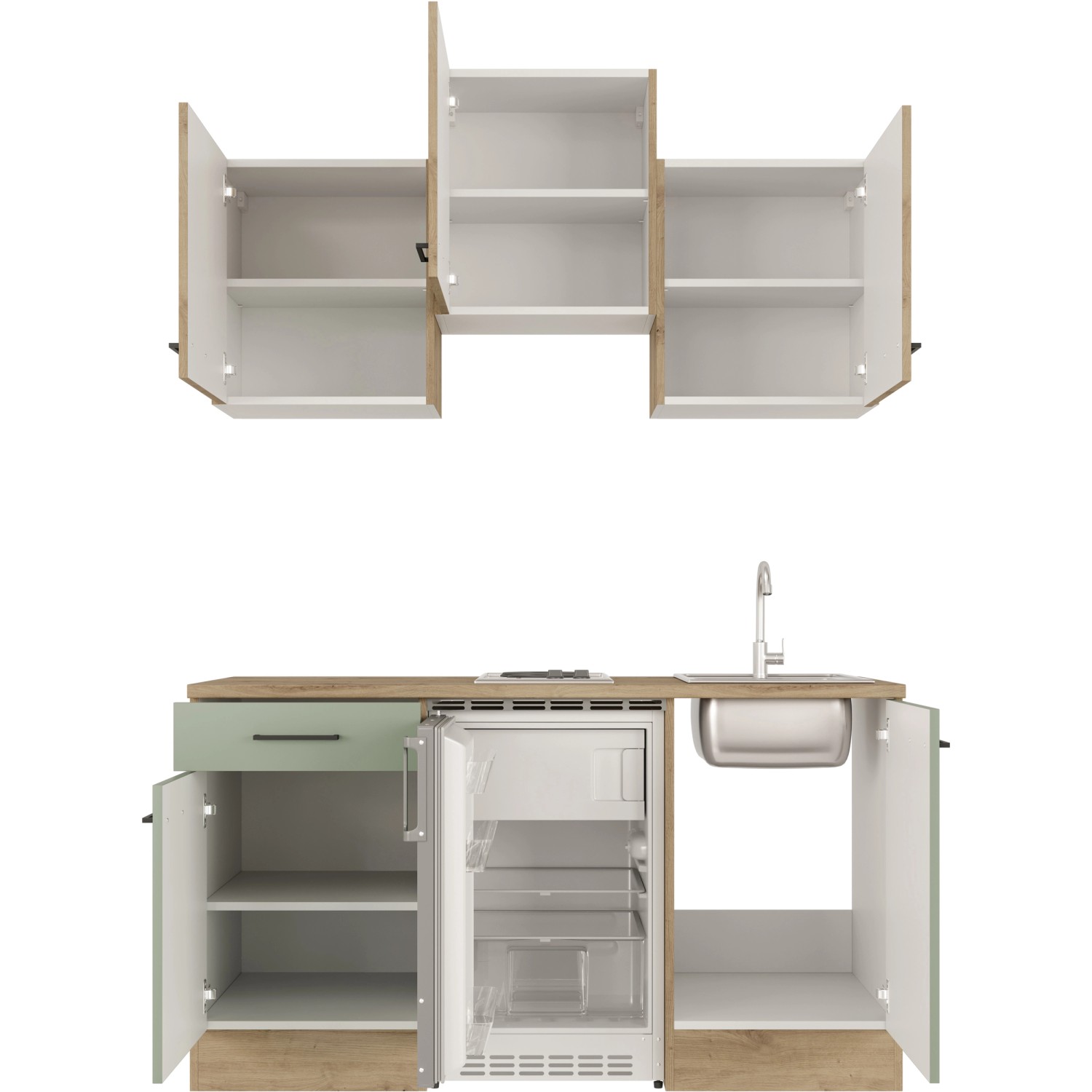 Flex-Well Singleküche Cara, 150 cm, Schilfgrün/Artisan Eiche, mit Kühlschrank, Kochfeld und Spüle.