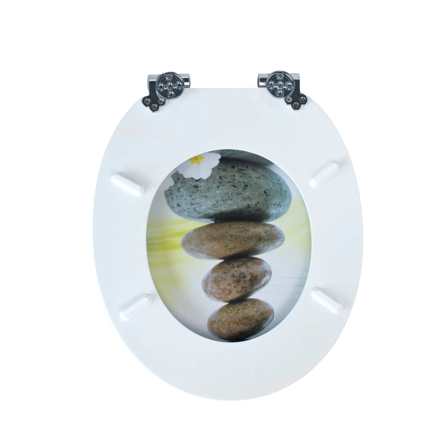 Weißer Sinobath WC-Sitz mit Steinstapel-Motiv, Absenkautomatik und robusten Scharnieren.