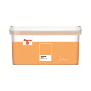 Alpina Innenfarbe Pantone Warm Apricot, 1 l, in orangefarbenem Kunststoffeimer. Matte Wandfarbe.