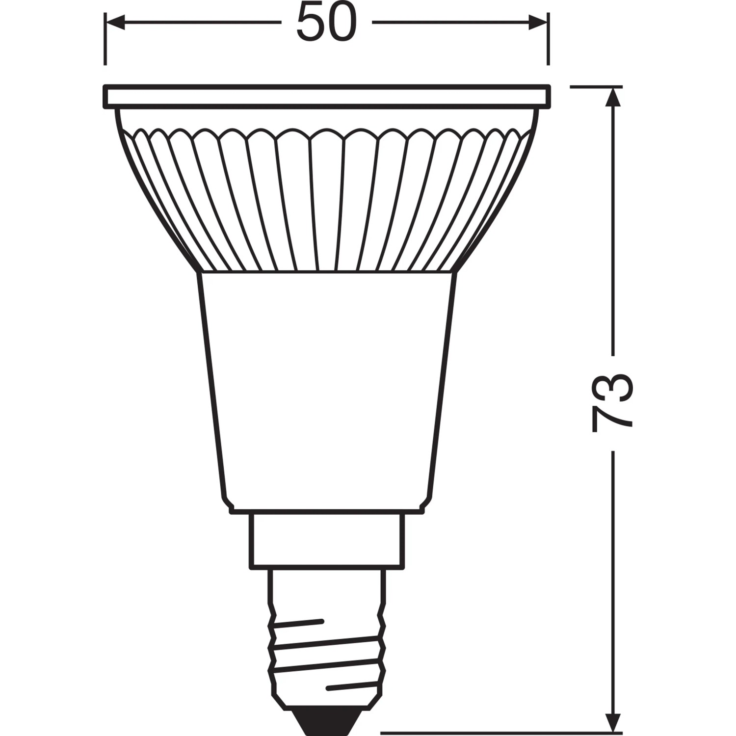 Technische Zeichnung Osram LED Reflektorlampe E14, PAR16, Maße: 7,3 cm x 5 cm.