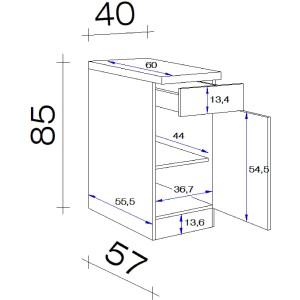 Maßzeichnung: Flex-Well Classic Unterschrank Florida, 40 cm, Weiß/Sonoma Eiche, mit Schublade und Tür.