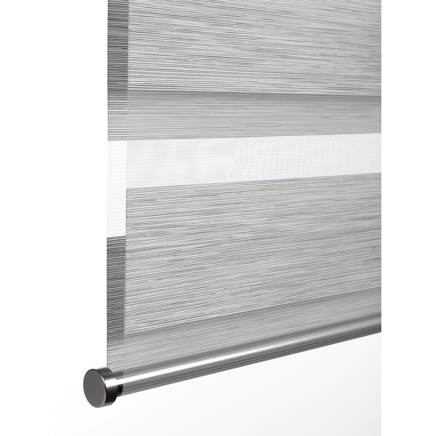 Graues Gardinia Doppelrollo de Luxe, 50x180 cm, mit transparenten und blickdichten Streifen.