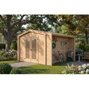 Weka Gartenhaus Killarney mit Lamellentür, naturbelassen, im Garten mit Geräten und Fahrrad.