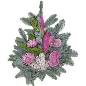 Grabschale Nobilis Erika mit Engel, brombeerfarbenen Akzenten und Nobilistanne, Ø 18 cm.