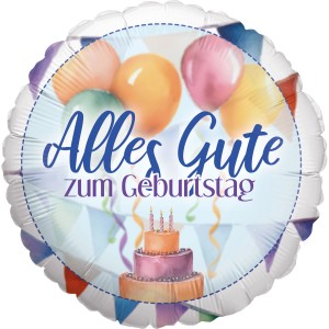 Party Factory Folienballon 'Happy Birthday Watercolor' rund, Ø 45cm, mit Ballons und Kuchen.
